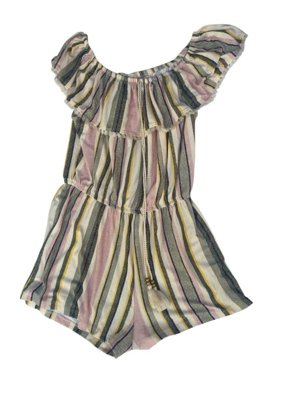 Derek Heart Striped Off-Shoulder Romper in Pink, Yellow, Green, Navy